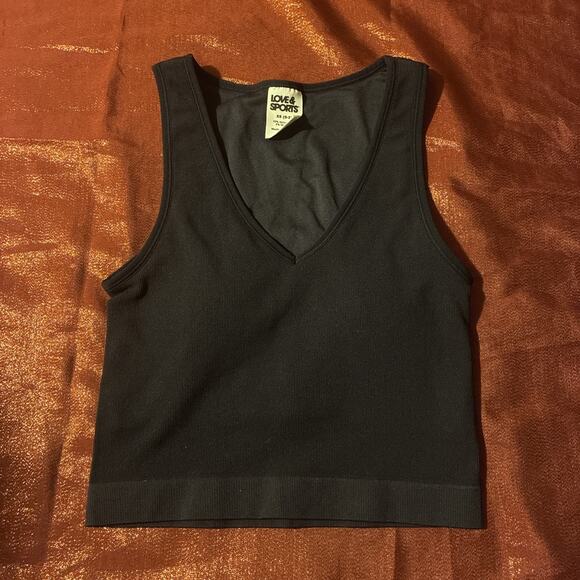 Love & Sports Black Ribbed Seamless Crop Tank Top V-Neck Built-In Bra XS (0-2) - Picture 1 of 3